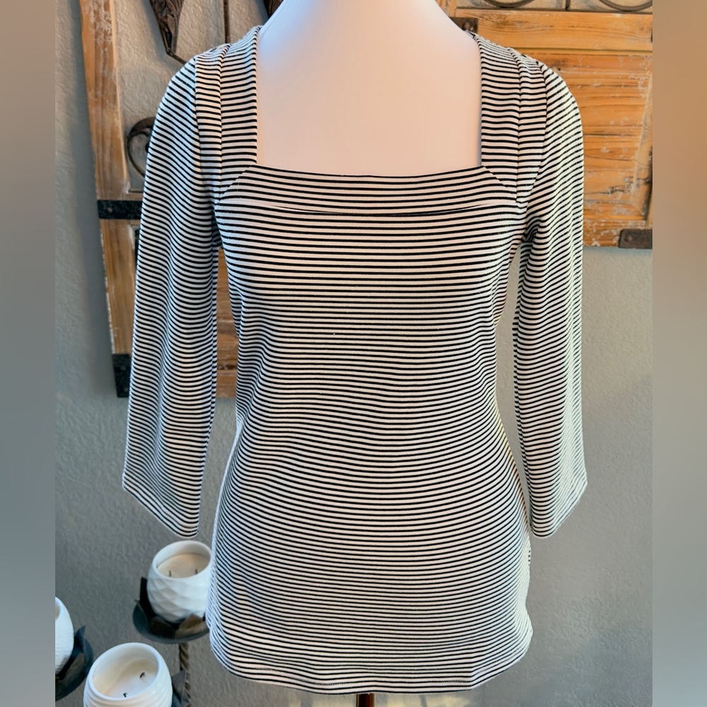 Who What Wear Black and White Striped Square Neck 3/4 Sleeve Bodycon Tee -Sz XS